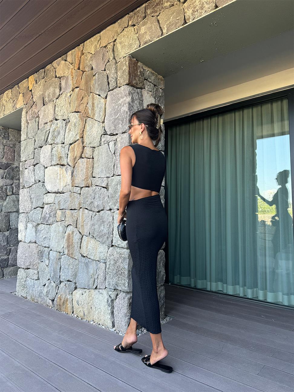 Siyah Sıfır Kol Bel Detay Elbise 