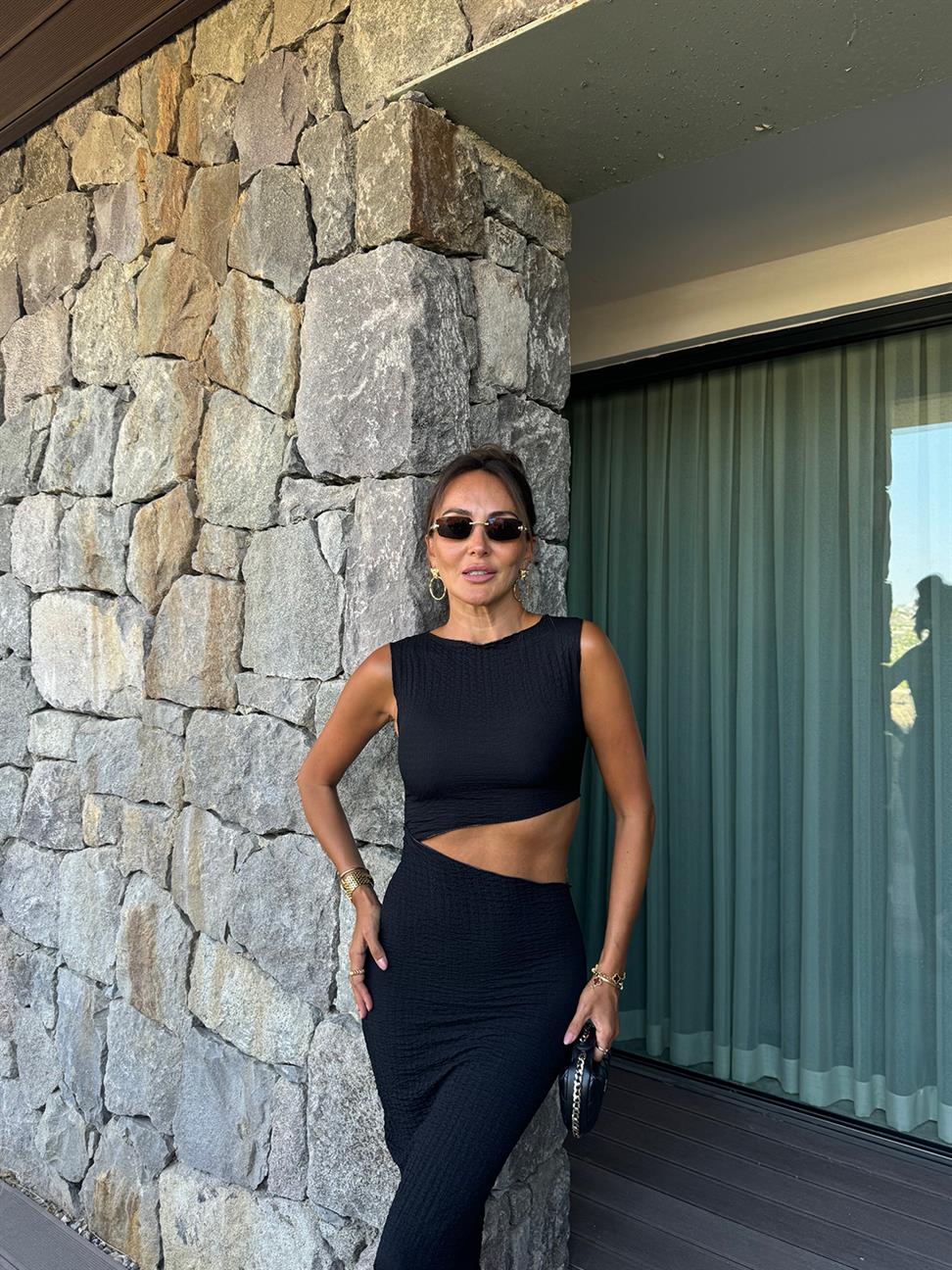 Siyah Sıfır Kol Bel Detay Elbise 