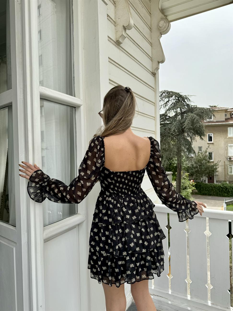 Siyah Şifon Karpuz Kol Volanlı Elbise