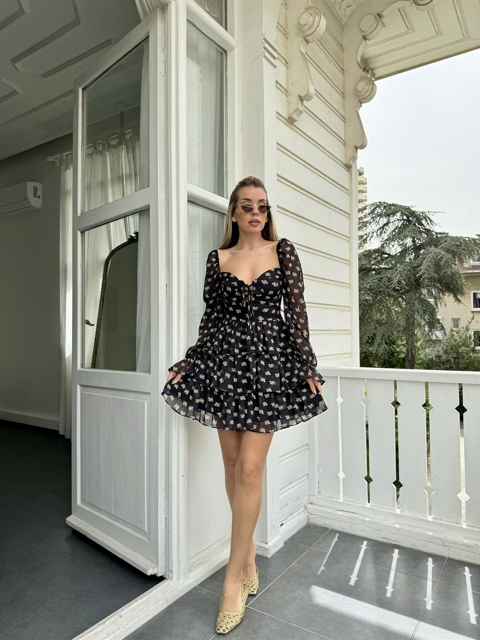 Siyah Şifon Karpuz Kol Volanlı Elbise