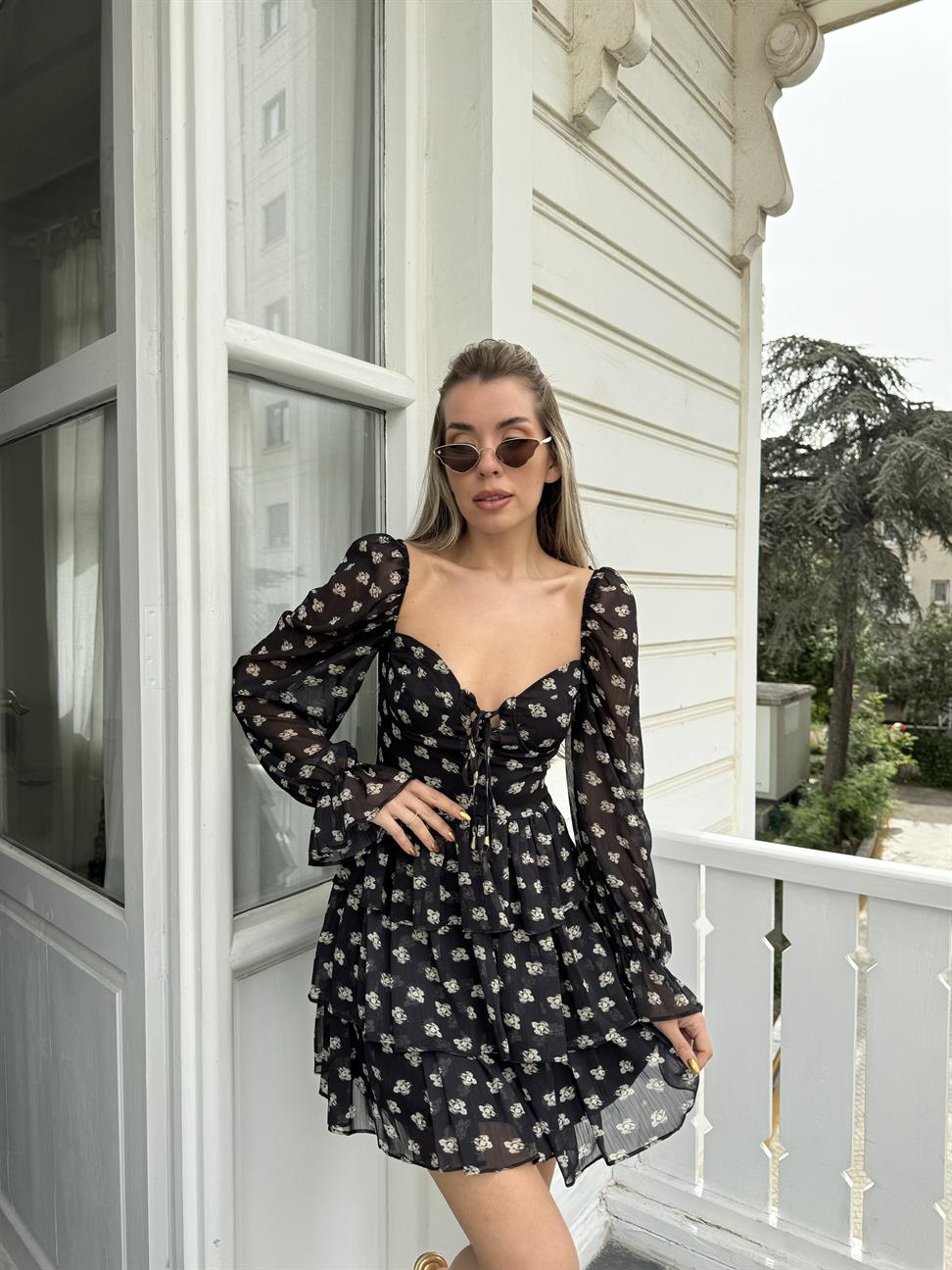 Siyah Şifon Karpuz Kol Volanlı Elbise