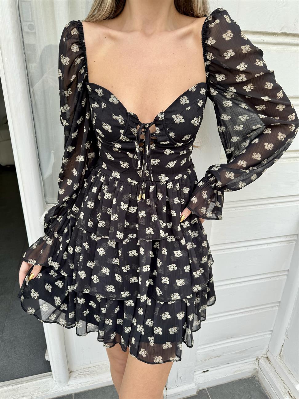 Siyah Şifon Karpuz Kol Volanlı Elbise