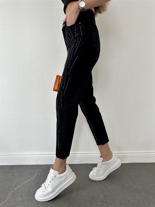 Siyah Simli Mom Jean Pantolon