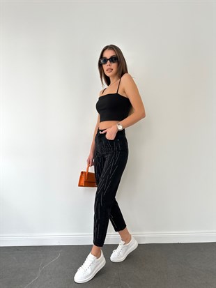 Siyah Simli Mom Jean Pantolon