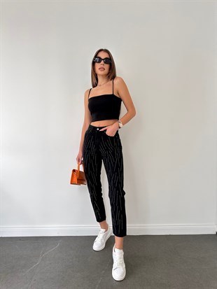 Siyah Simli Mom Jean Pantolon
