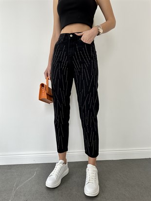 Siyah Simli Mom Jean Pantolon