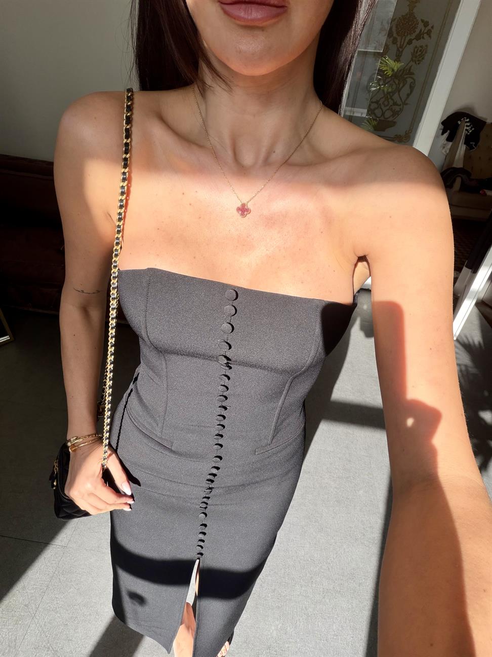 Siyah Straplez Dar Kesim Elbise