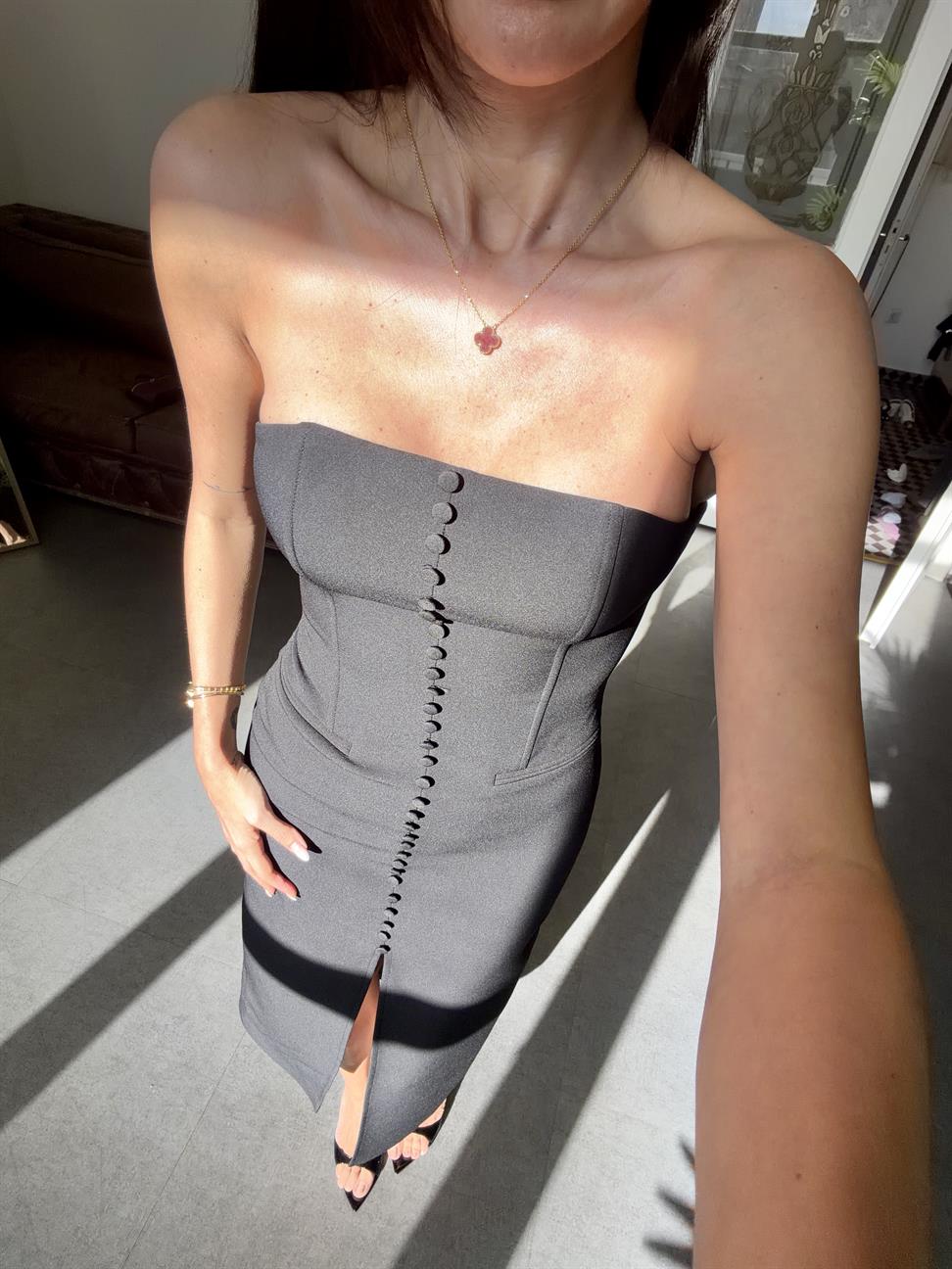 Siyah Straplez Dar Kesim Elbise