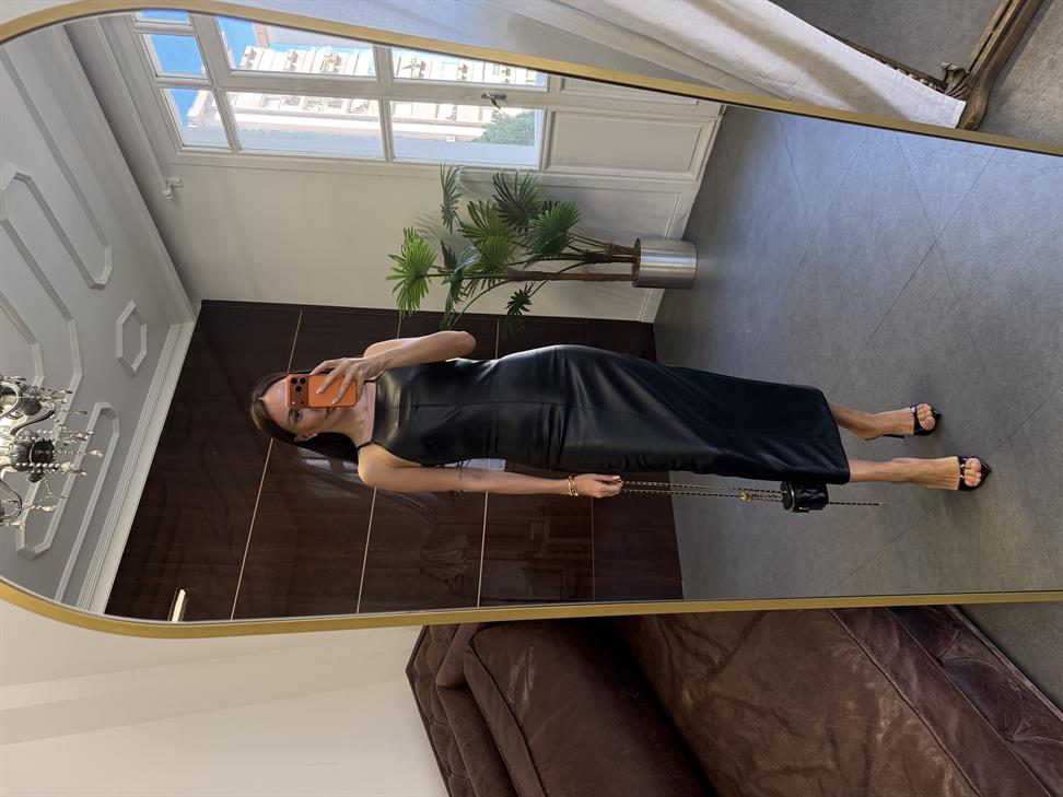 Siyah Suni Deri Midi Elbise