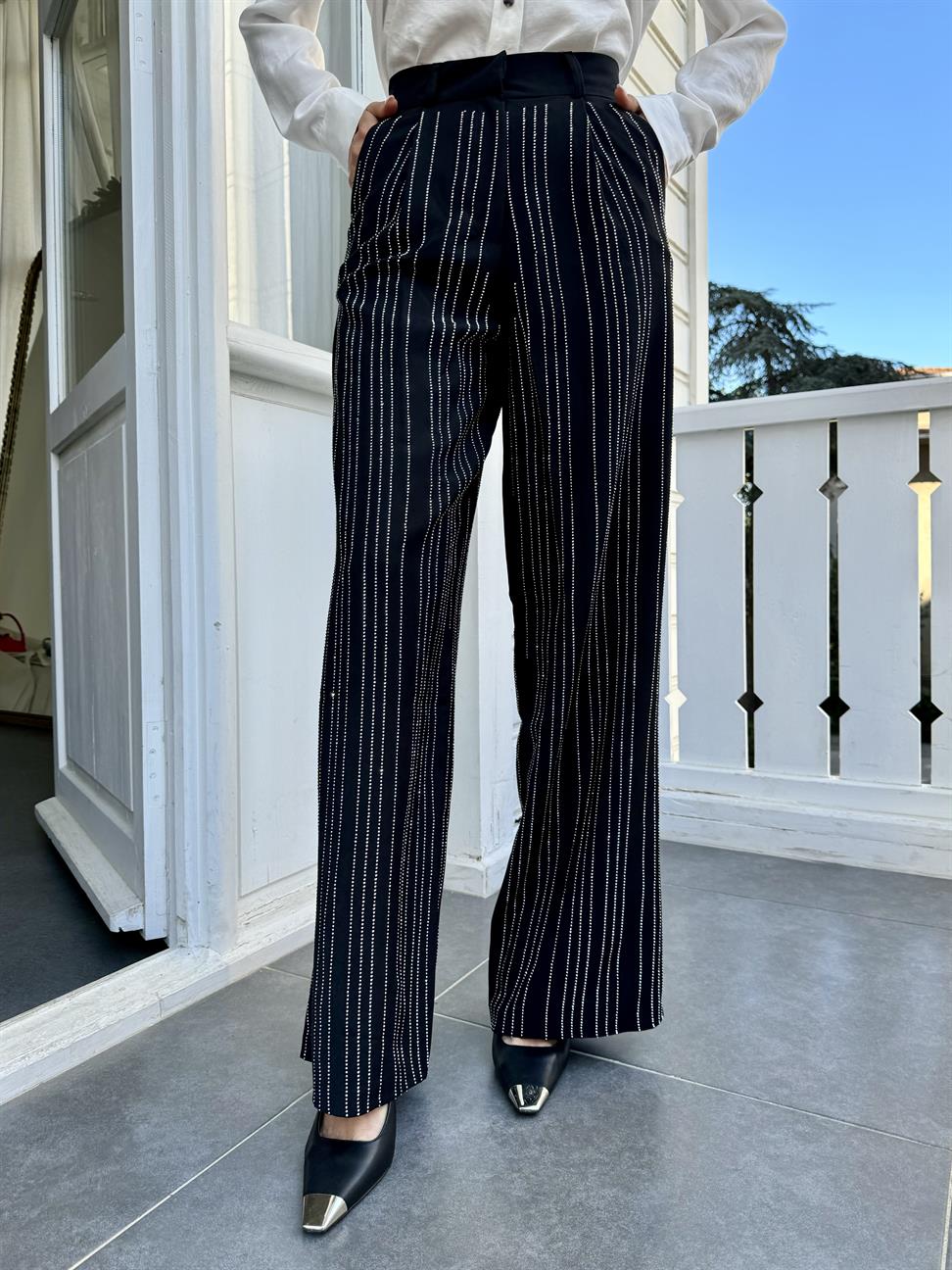 Siyah Taş İşleme Palazzo Pantolon