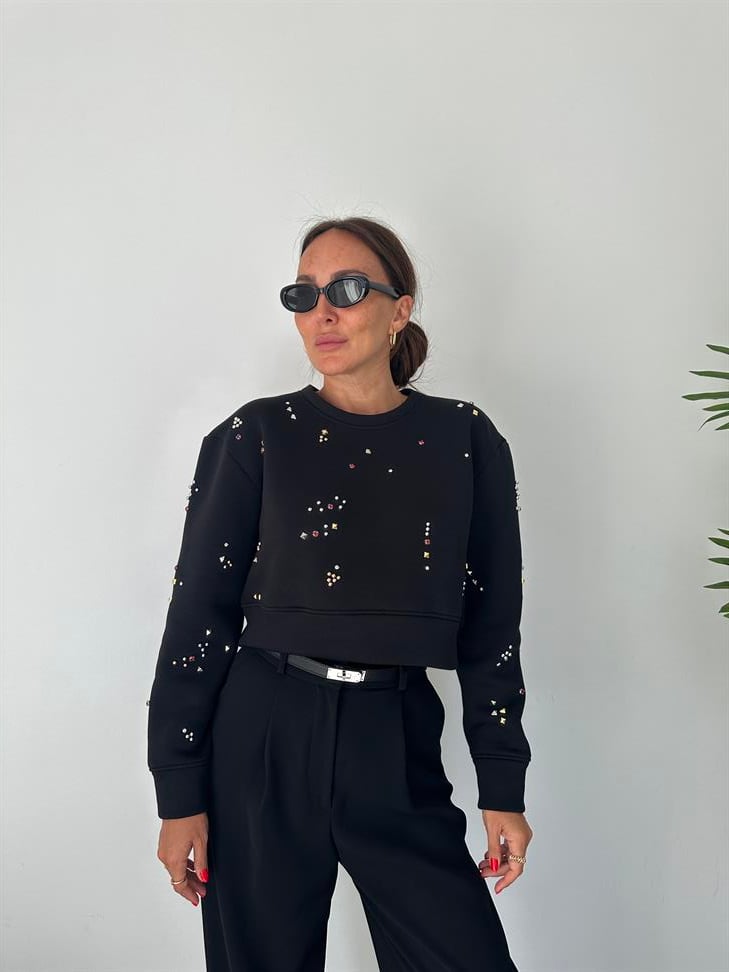 Siyah Taşlı Sweatshirt