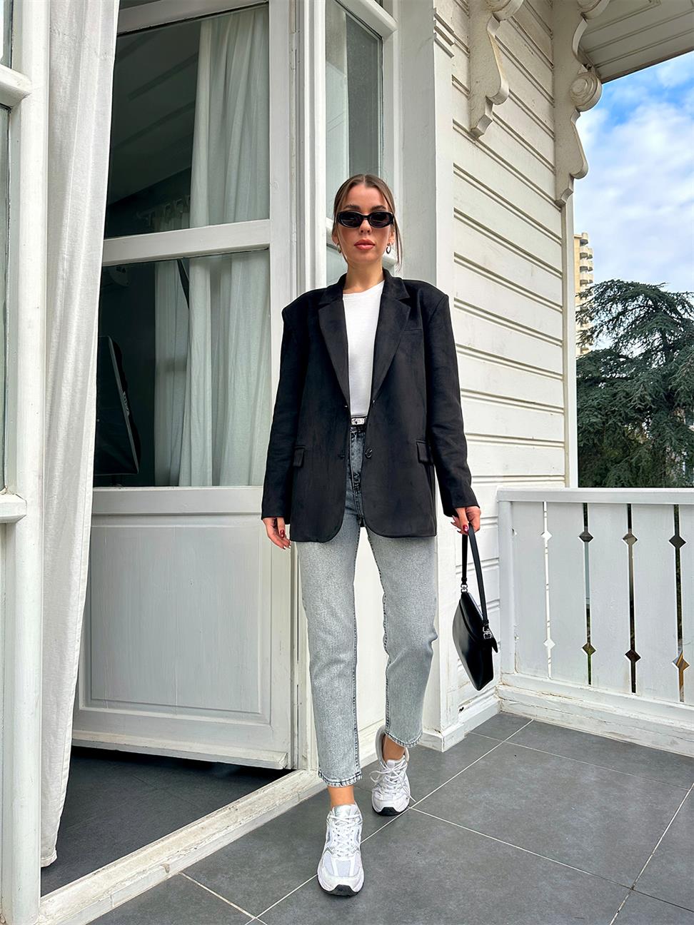 Siyah Tek Düğmeli Süet Blazer Ceket