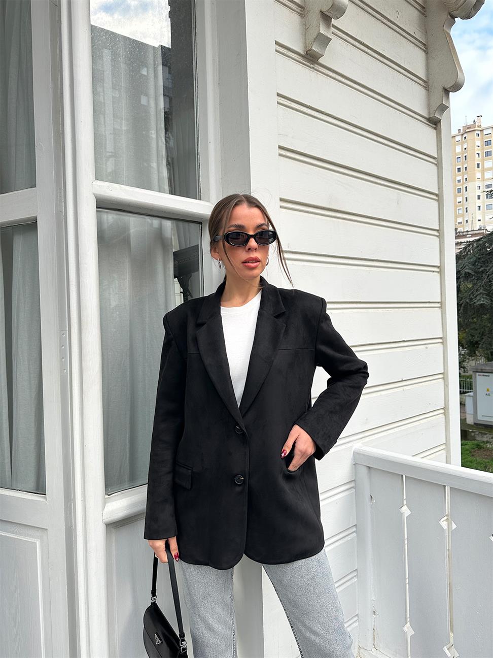 Siyah Tek Düğmeli Süet Blazer Ceket