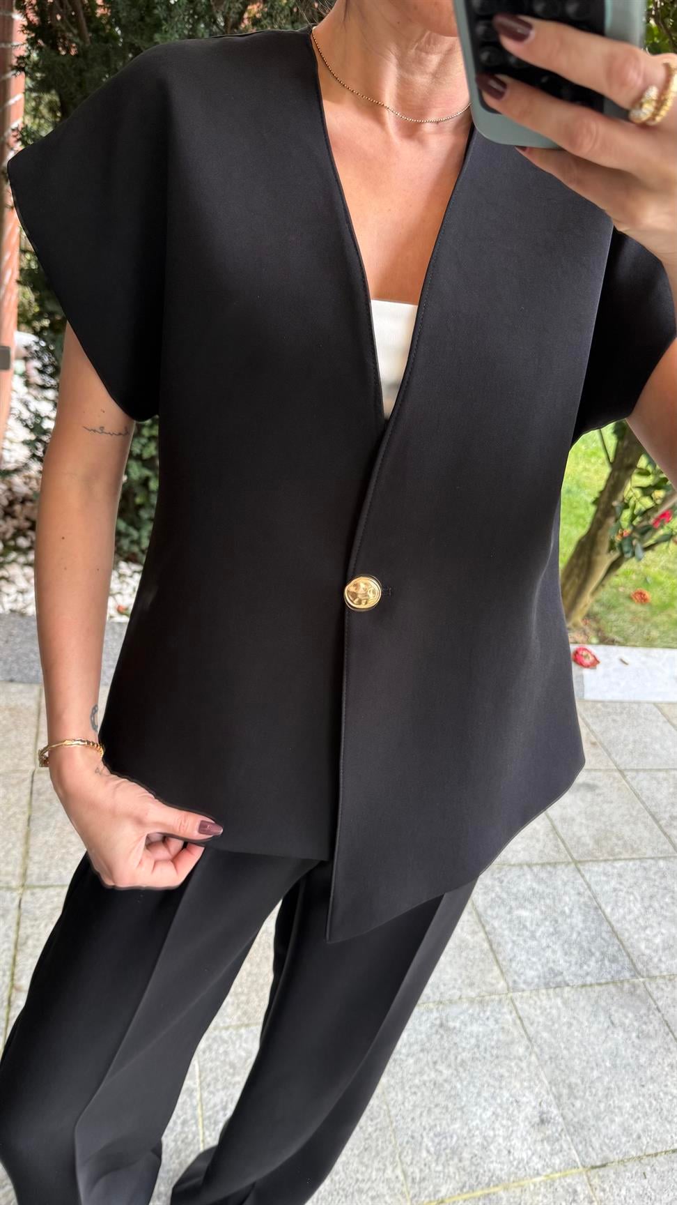 Siyah Tek Düğmeli Yelek Pantolon Takım