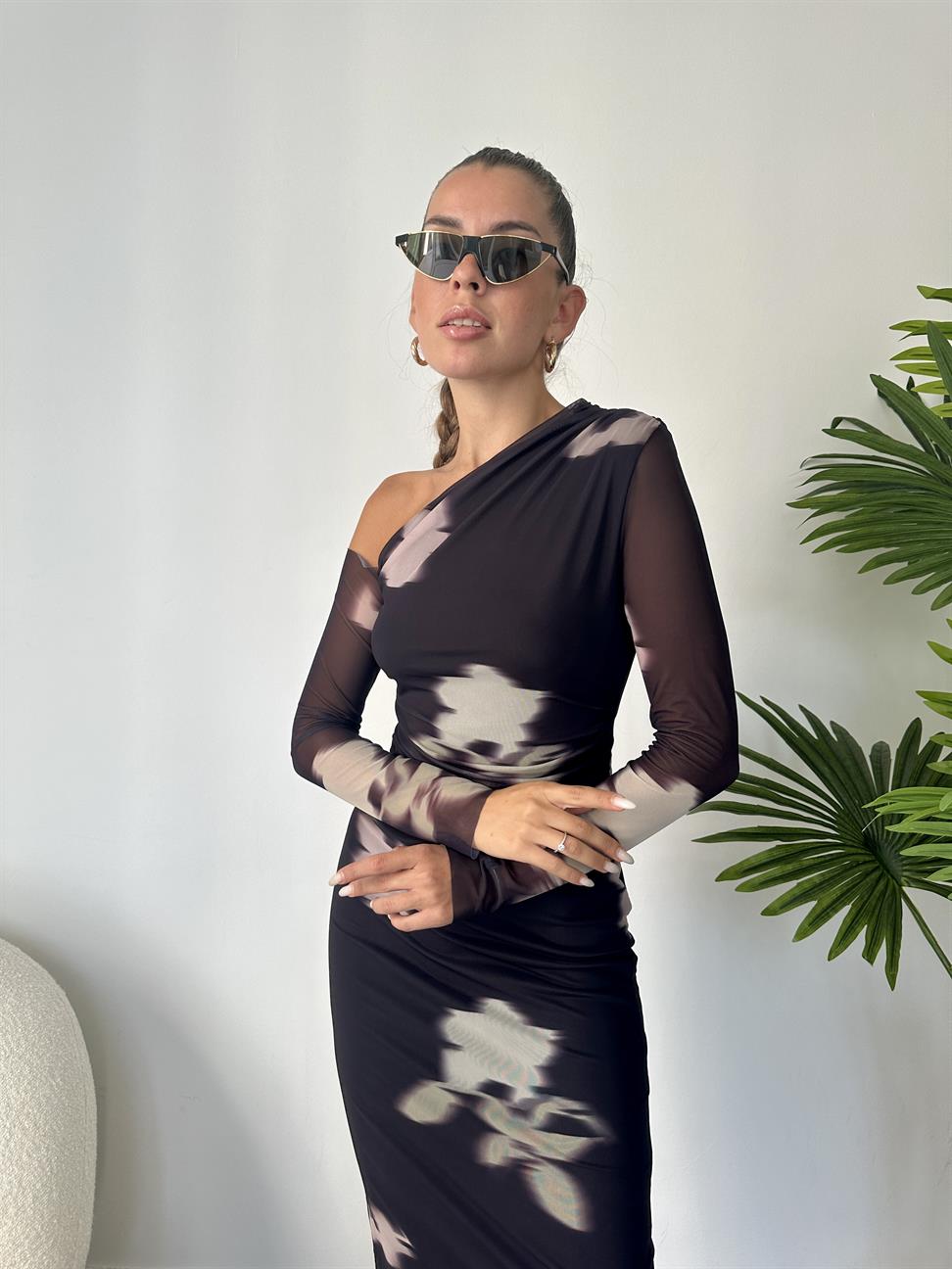 Siyah Tek Kol Batik Desen Kadın Elbise