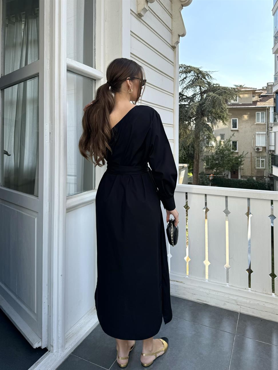 Siyah Tek Kol Kemerli Salaş Elbise