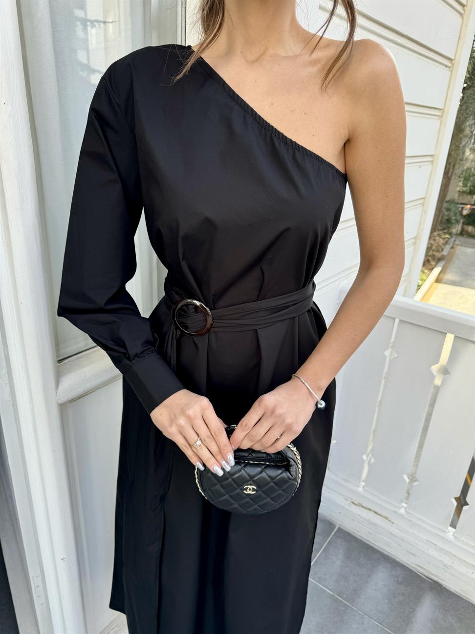 Siyah Tek Kol Kemerli Salaş Elbise