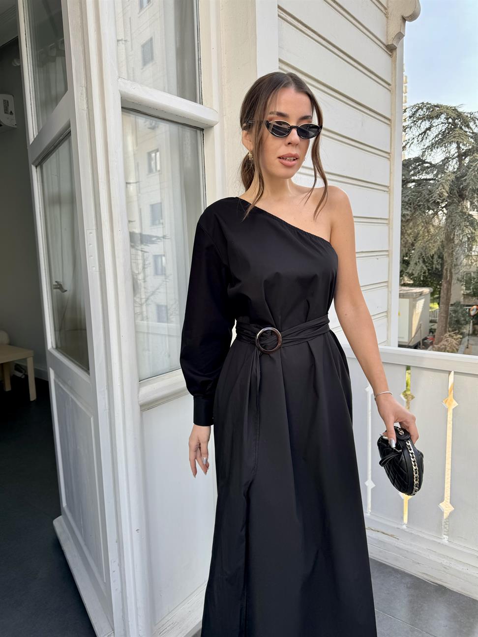 Siyah Tek Kol Kemerli Salaş Elbise