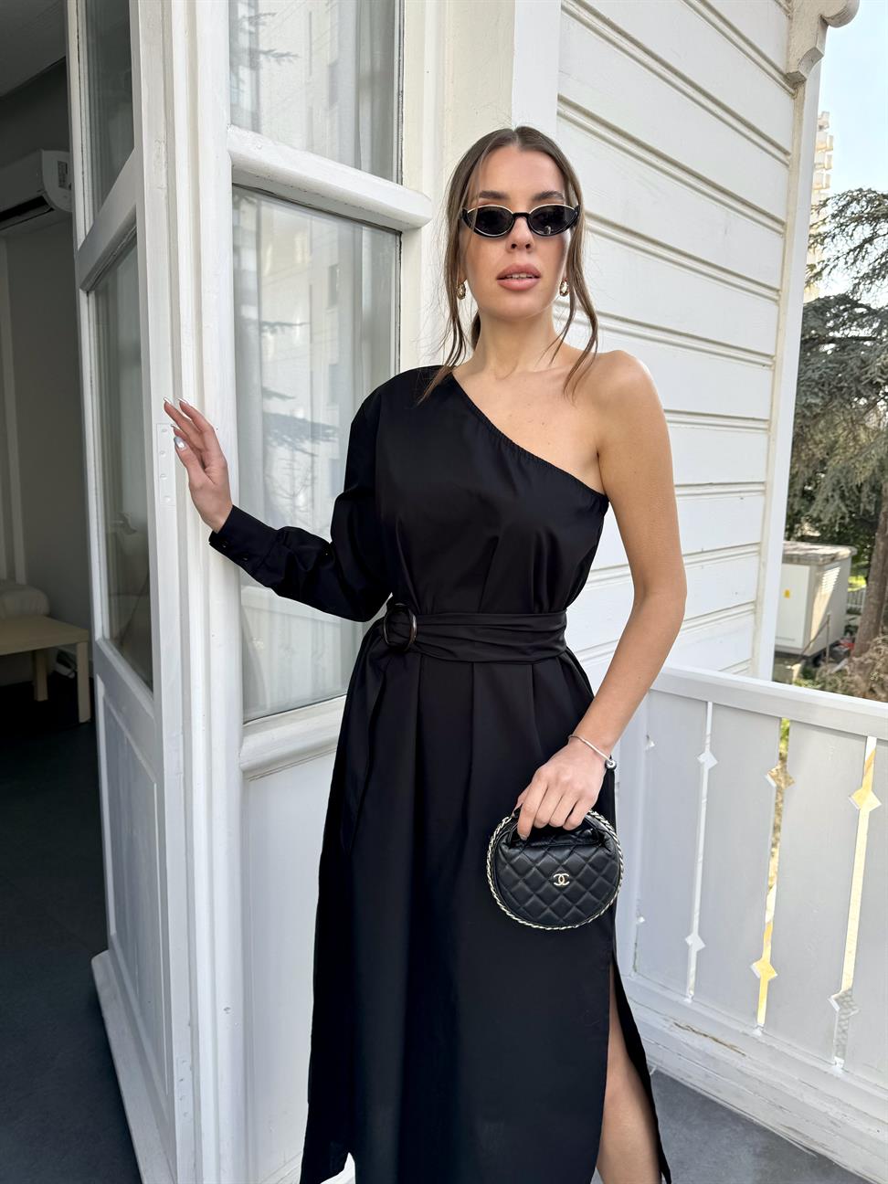 Siyah Tek Kol Kemerli Salaş Elbise