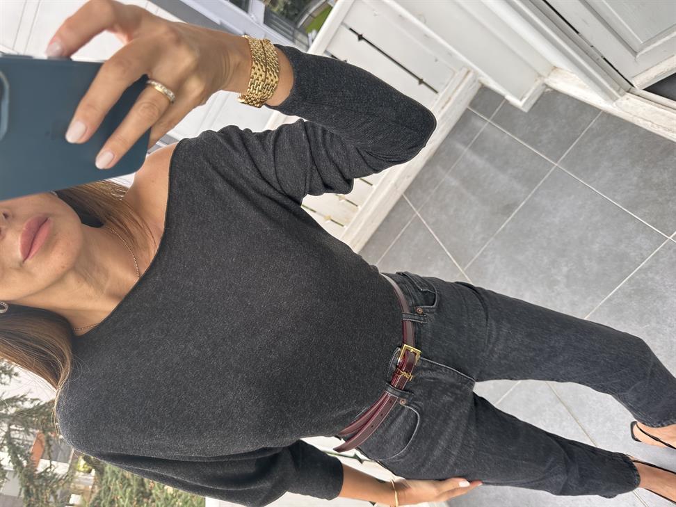 Füme Tek Omuz Düşük Uzun Kol Bluz