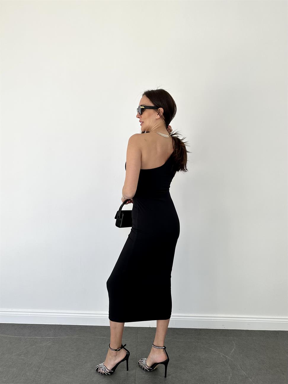 Siyah Tek Omuz Midi Elbise