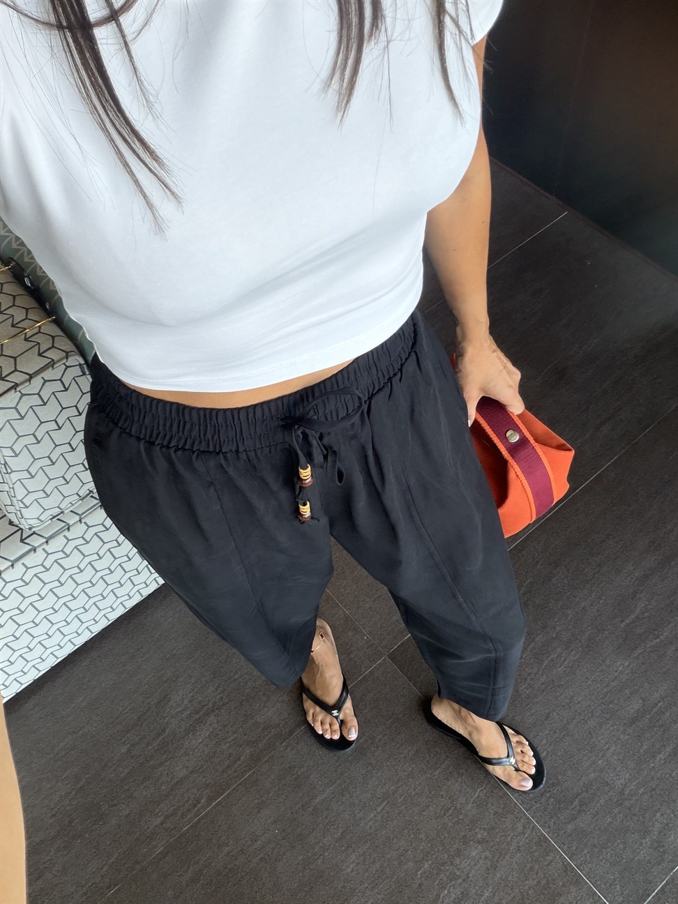 Siyah Tencel Bağcıklı Kumaş Pantolon