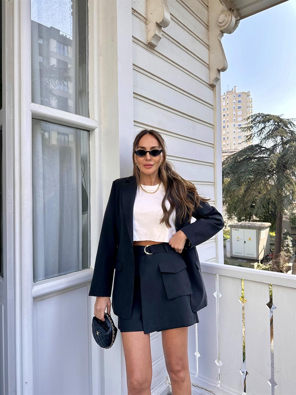 Siyah Tencel Kumaş Ceket Şort Takım