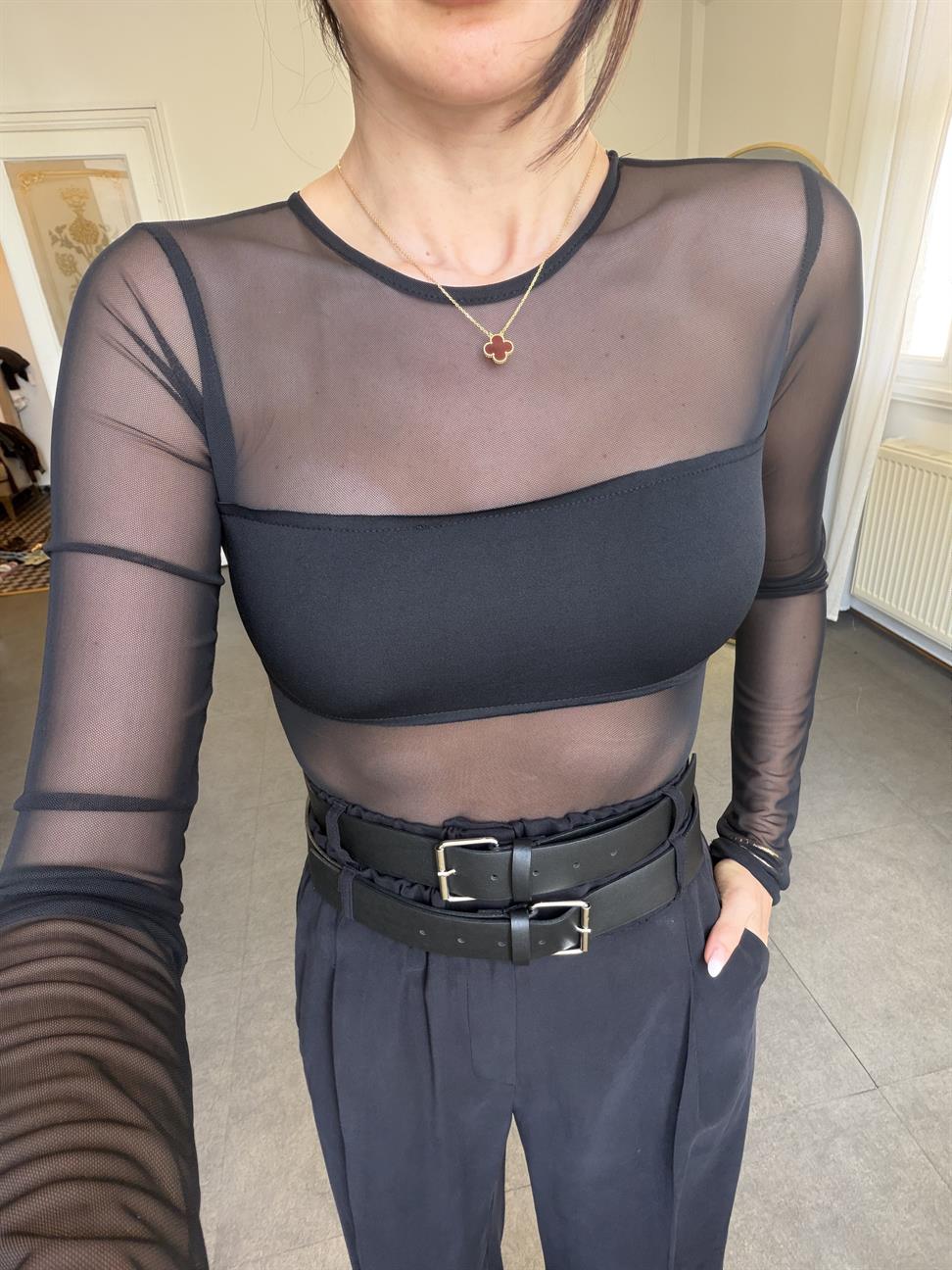 Siyah Tül Tasarım Bodysuit