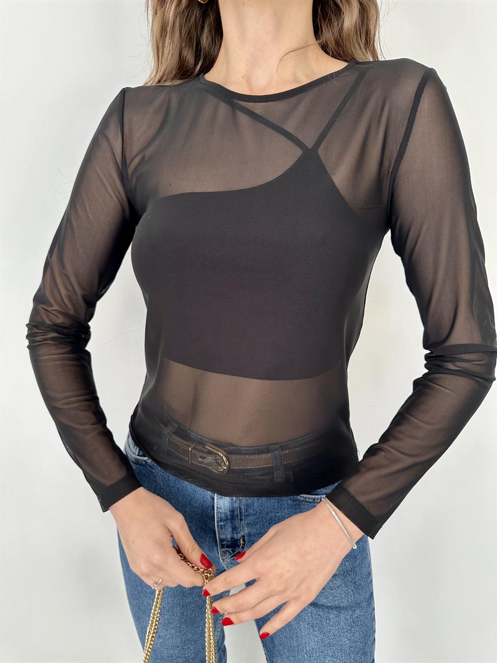 Siyah Tül Top Bluz