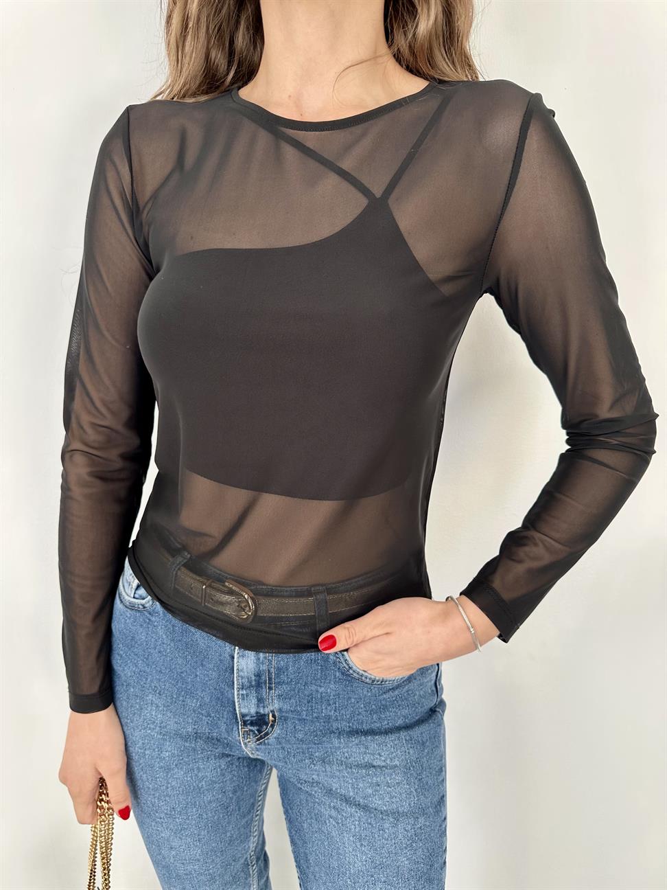 Siyah Tül Top Bluz