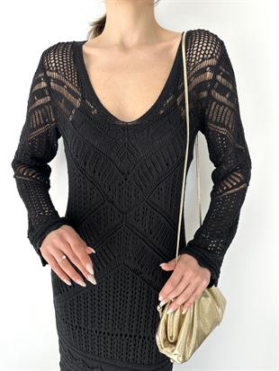 Siyah Uzun Kol Dantel Tasarımlı Kadın Elbise