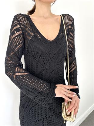 Siyah Uzun Kol Dantel Tasarımlı Kadın Elbise