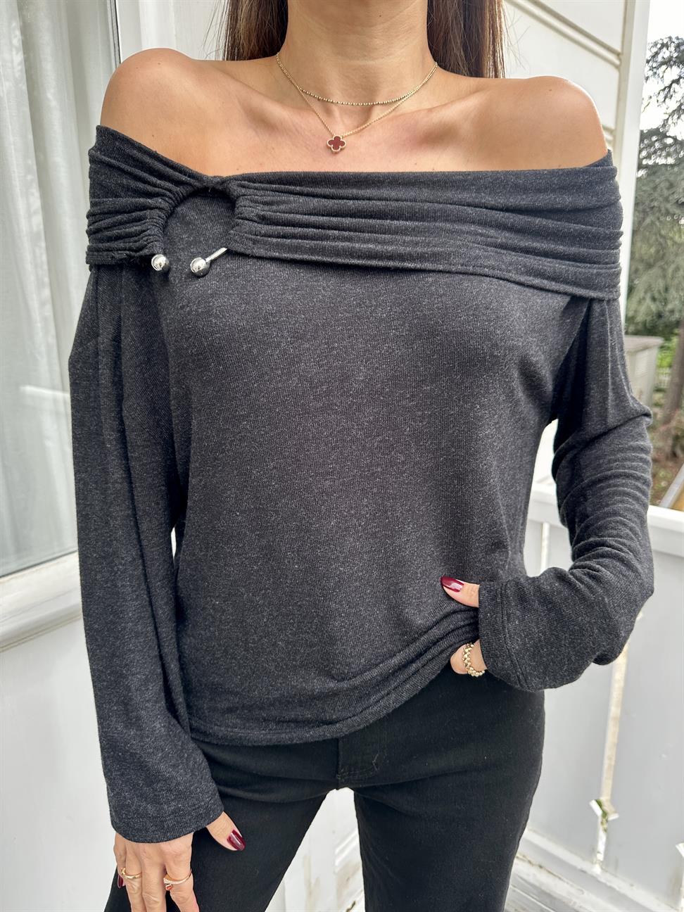 Antrasit Uzun Kol Madonna Yaka Halkalı Bluz