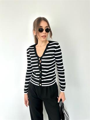 Siyah V Yaka Altın Renk Düğmeli Hırka