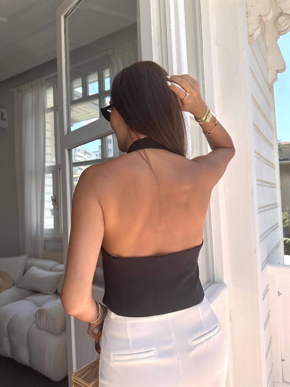 Siyah V Yaka Boyundan Bağlamalı Yelek