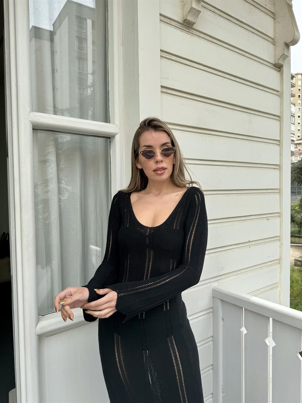 Siyah V Yaka Maxi Boy Merserize Elbise