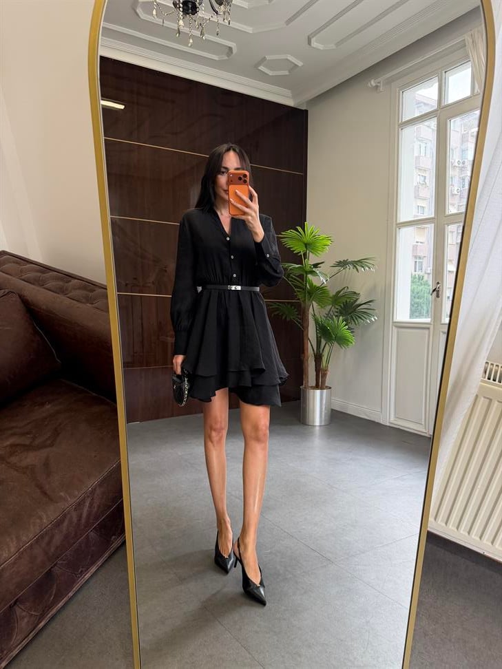 Siyah Volanlı Kısa Elbise