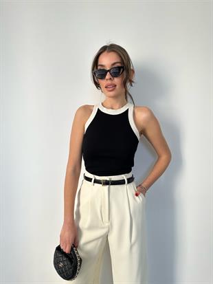 Siyah Yakası Şeritli Atlet Bluz