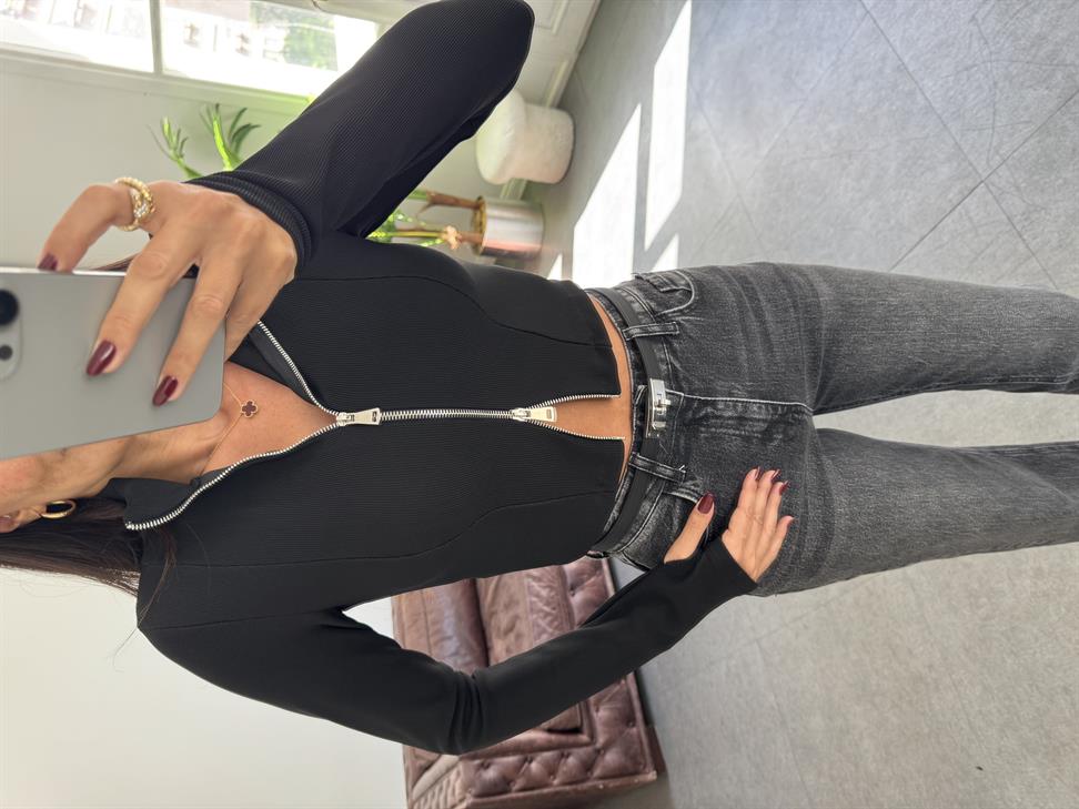 Siyah Yarım Balıkçı  Fermuarlı Bluz