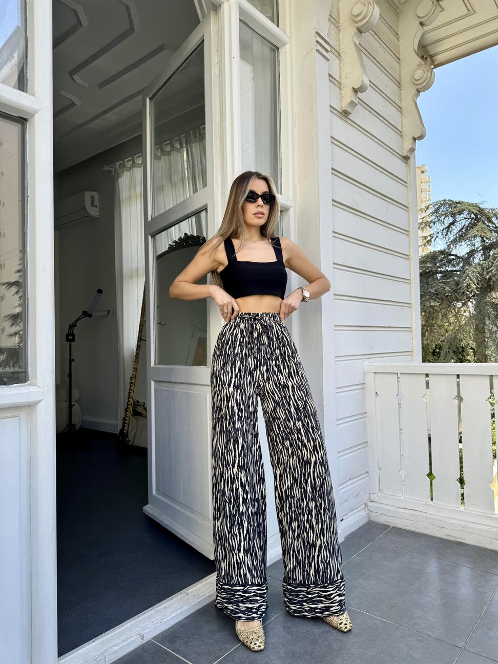 Siyah Zebra Bel Lastikli Pantolon