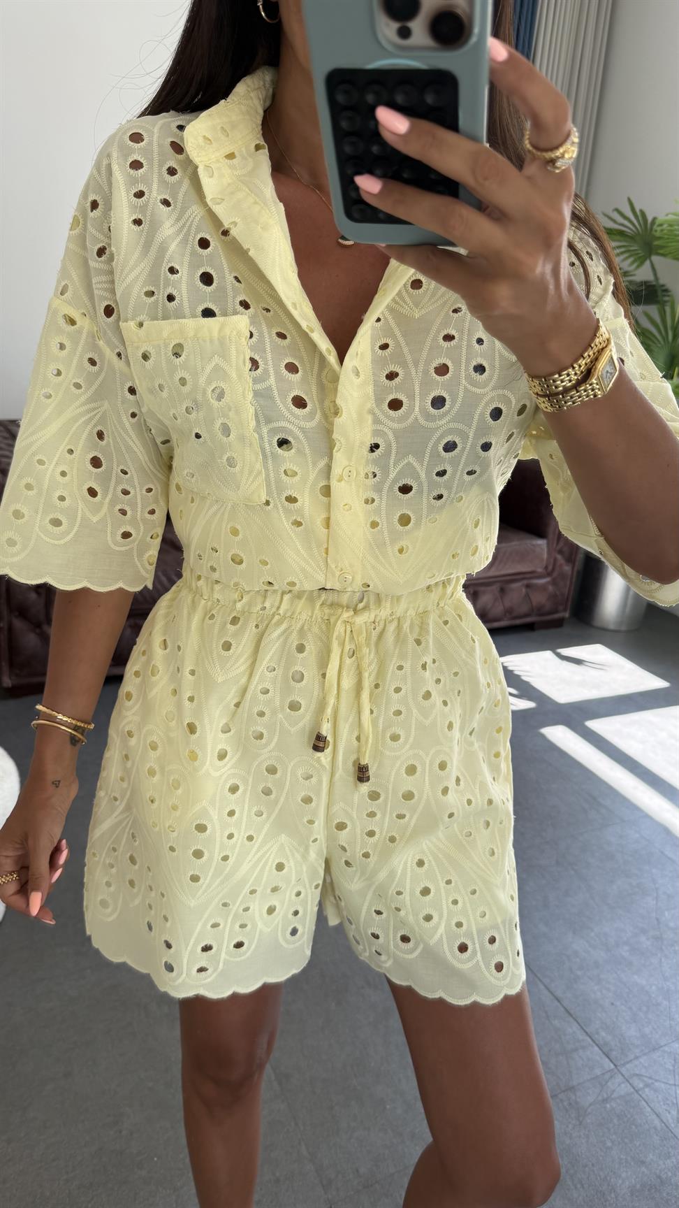 Soft Sarı Brode Şortlu Takım