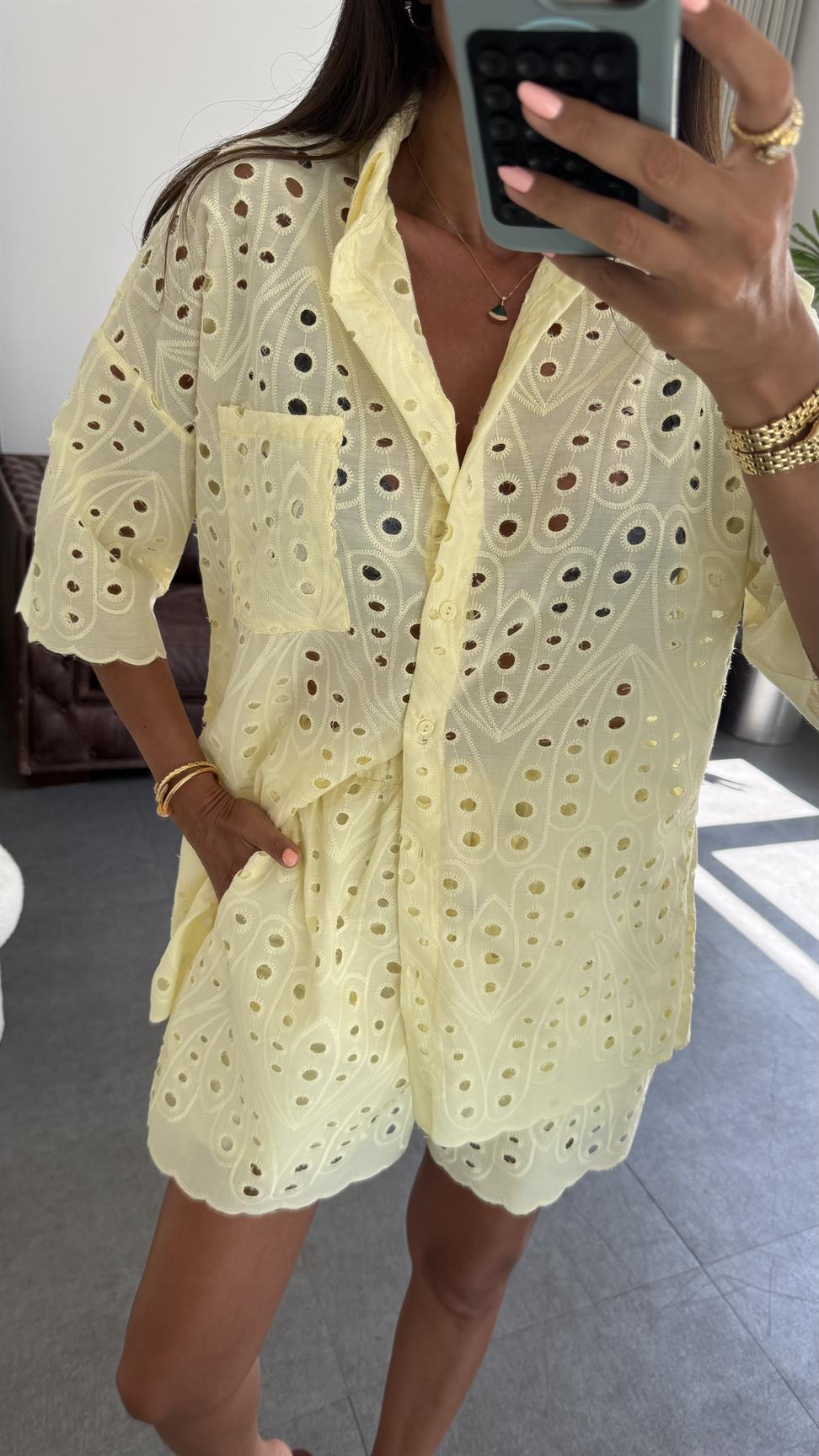 Soft Sarı Brode Şortlu Takım