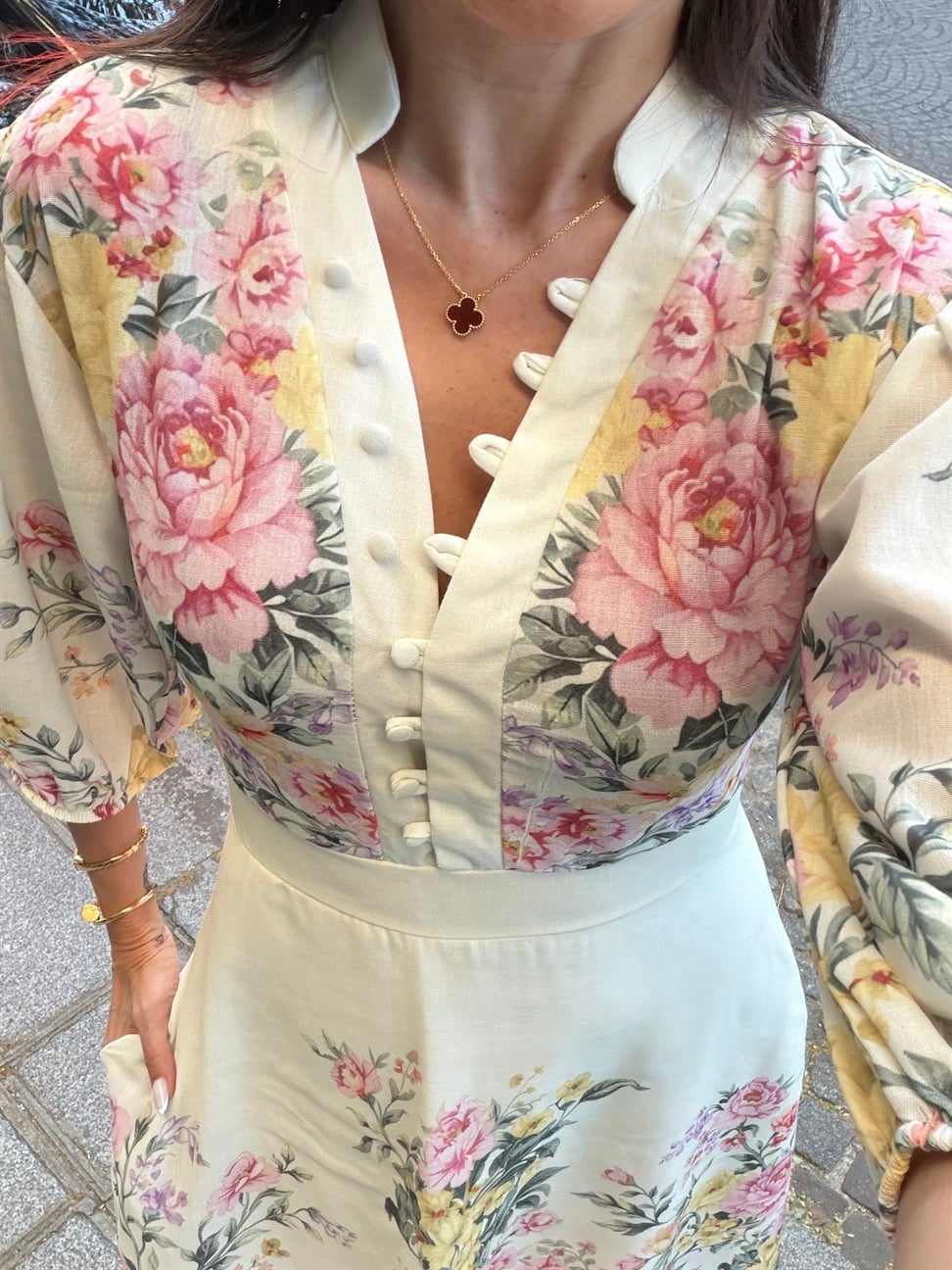 Soft Sarı Hakim Yaka Desenli Yarım Kol Elbise