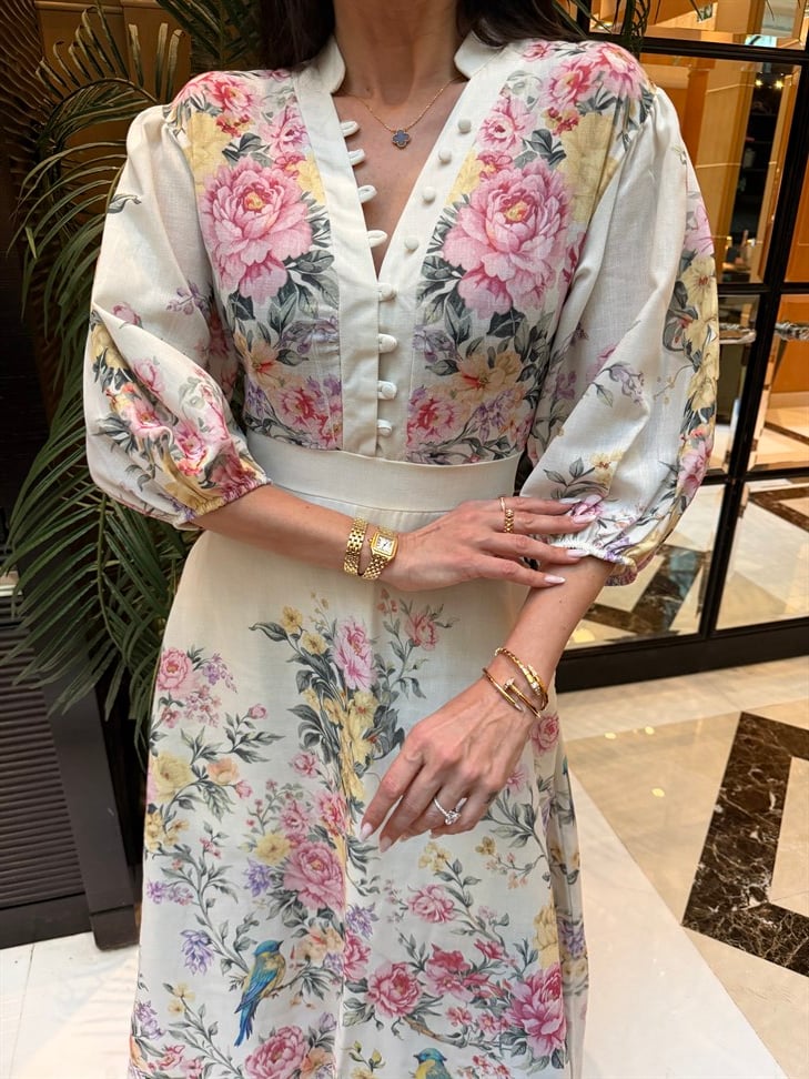 Soft Sarı Hakim Yaka Desenli Yarım Kol Elbise