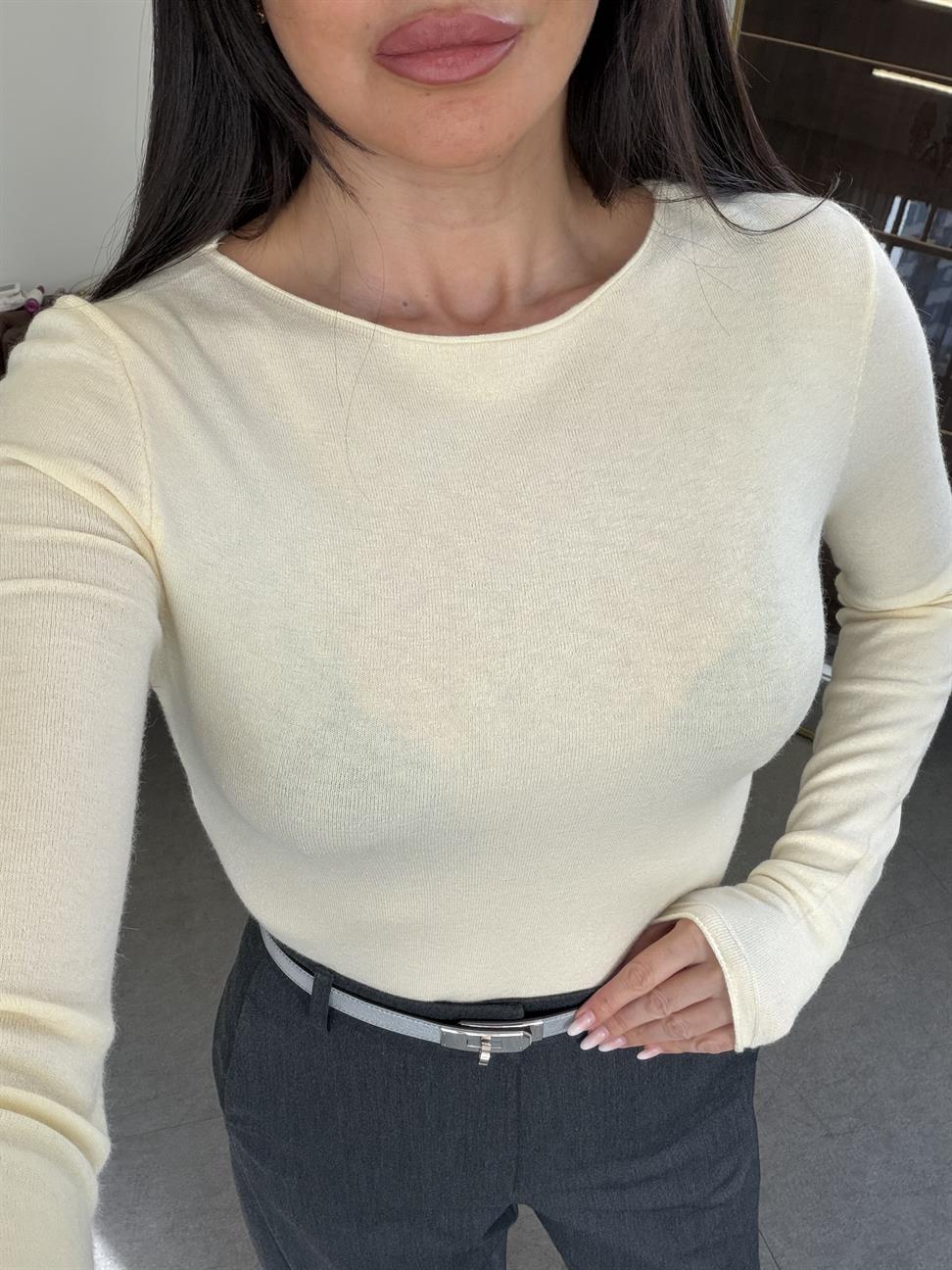 Soft Sarı Kayık Yaka Kaşmirli Ultra Hafif Triko Kazak