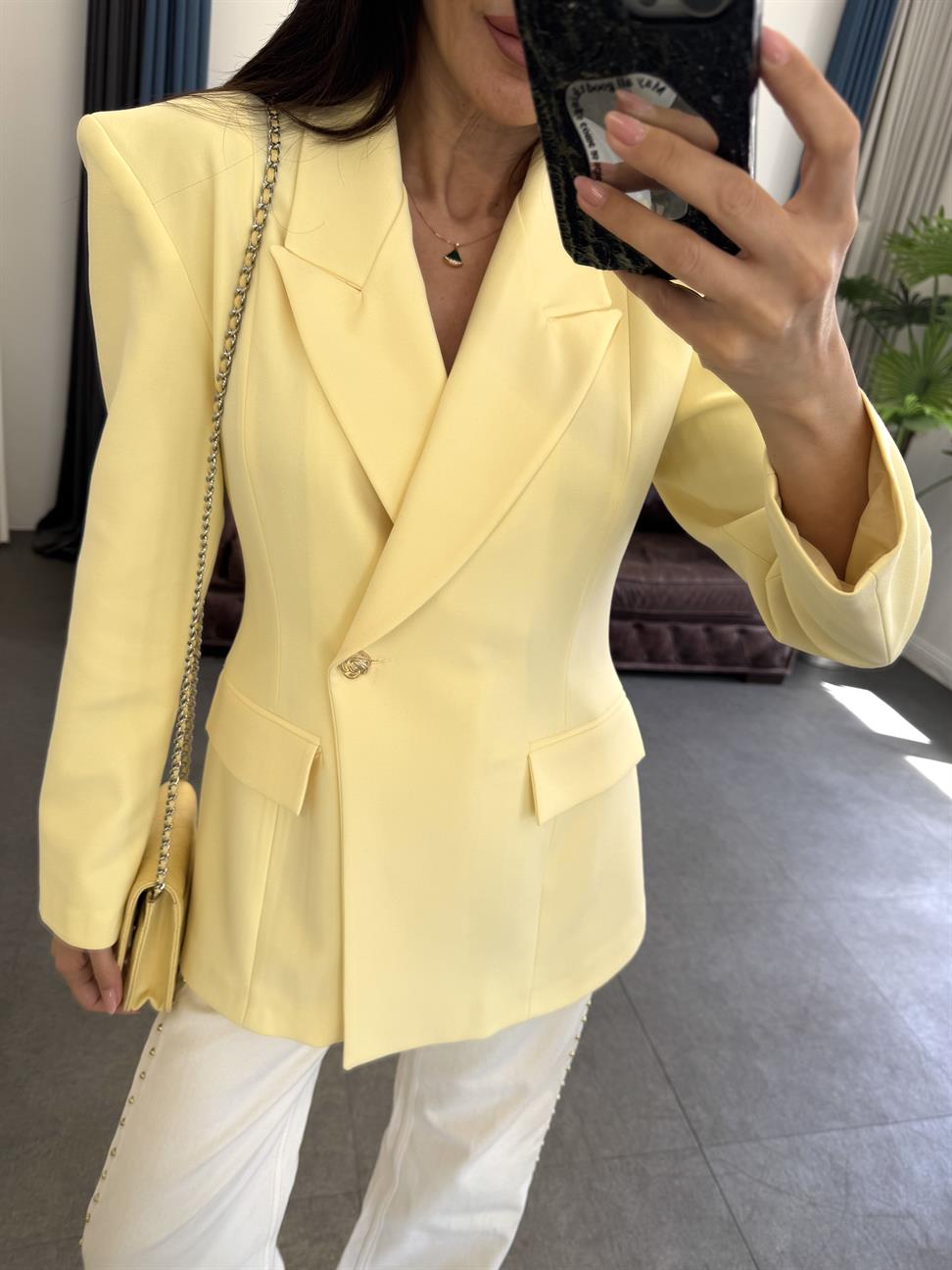 Soft Sarı Kruvaze Yaka Blazer Ceket