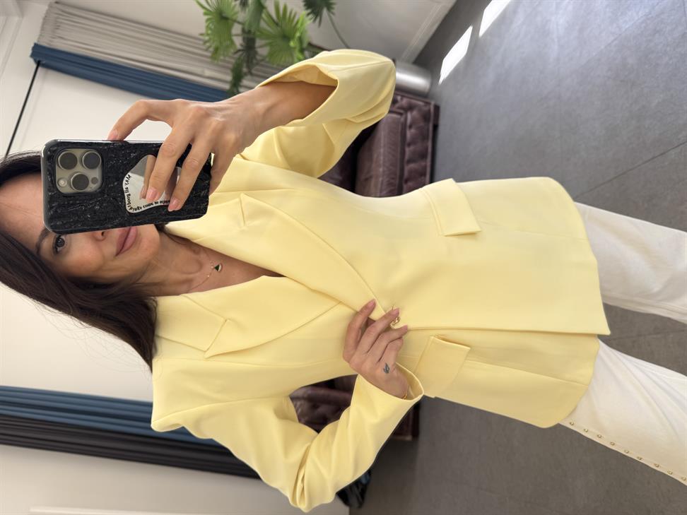 Soft Sarı Kruvaze Yaka Blazer Ceket