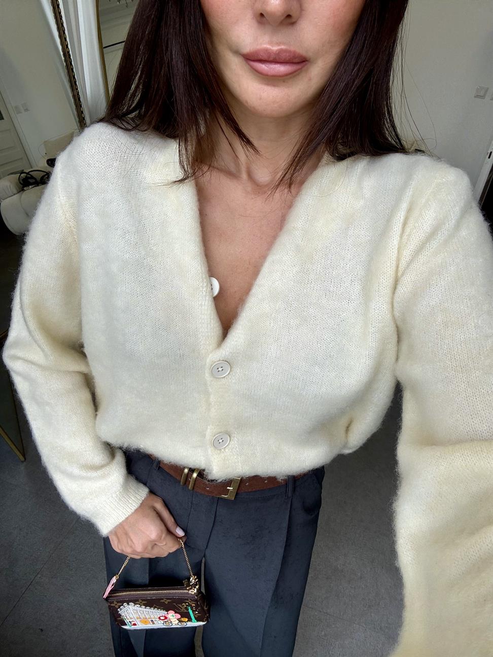 Soft Sarı Sıfır Yaka Sakallı Hırka