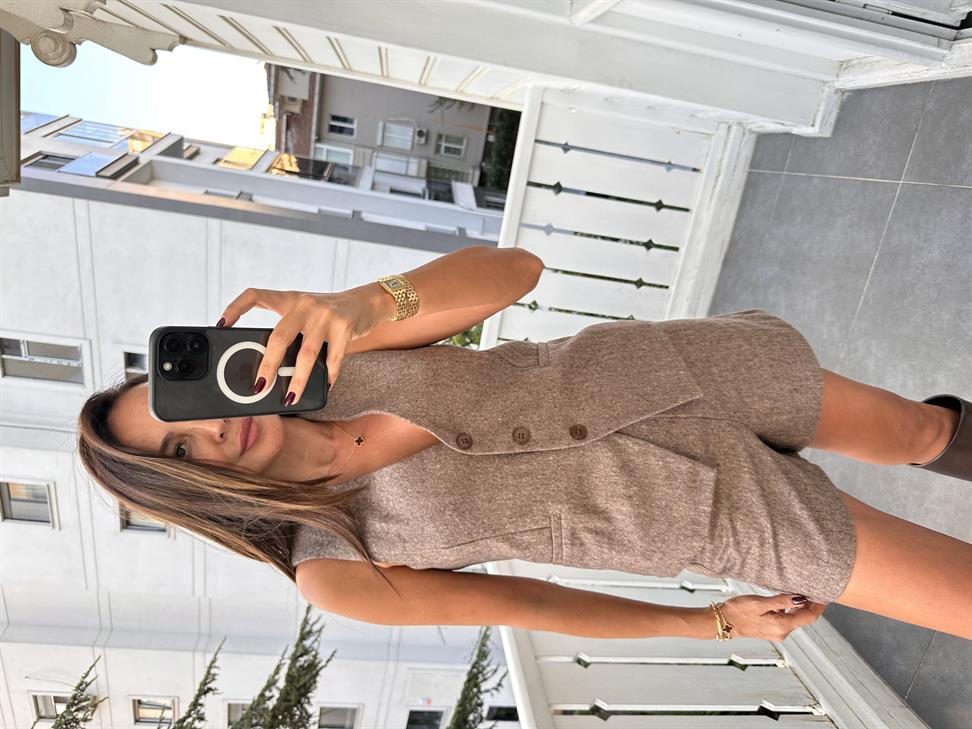 Sütlü Kahve Kırçıllı Kaşe Yelek Takım