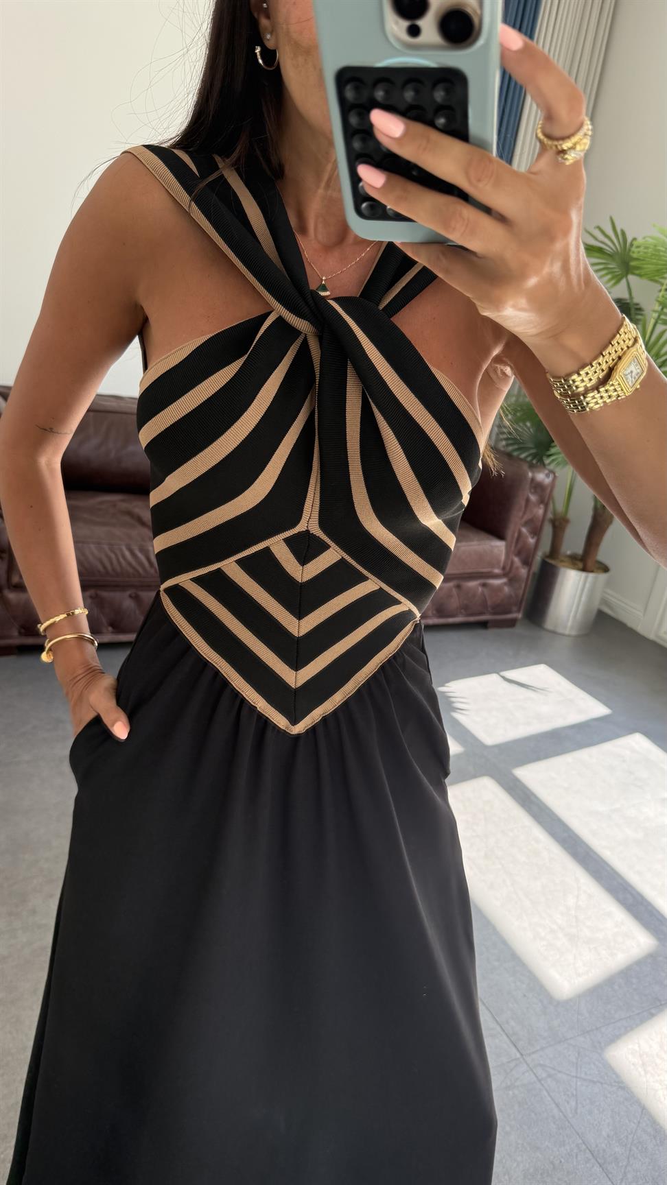 Taba Çizgili Çapraz Kadın Elbise